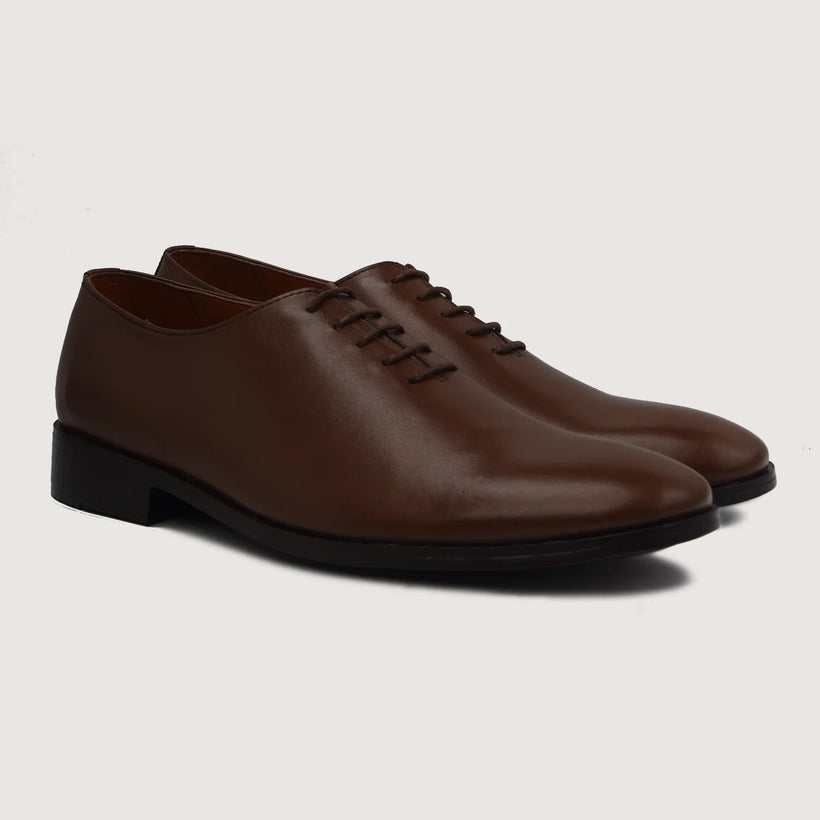 Director Wholecut Brown Leather Shoes For Men in Brown Full-Grain Leather - Front Profile View & Tailored Silhouette | Buy Online