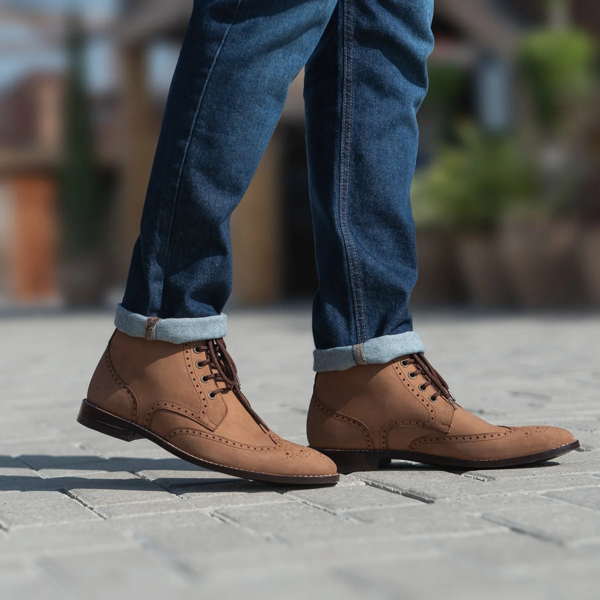 Styled Fit Perspective of Duster Brogues Derby Brown Nubuck Leather Boots For Men on Model - Natural Daylight Drape
