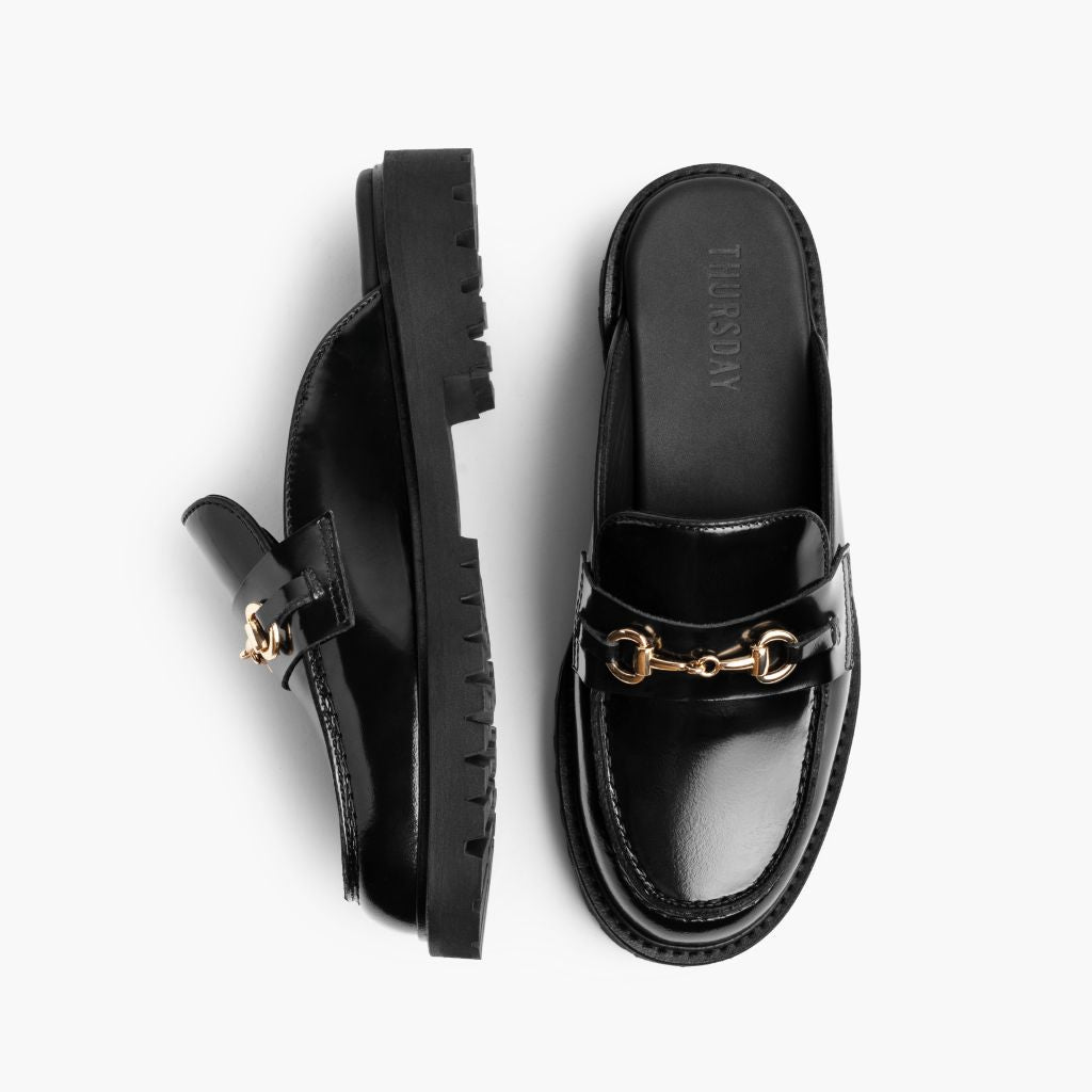 Women's Penny Mule Black & Gold Leather Loafers - Reinforced Heel Counter & Precision Double-Row Stitching Detail