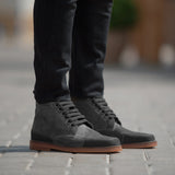 Carnell Moc Toe Grey Suede Boots in Distressed Grey Goatskin Suede - Lateral Side Profile View | Buy Online