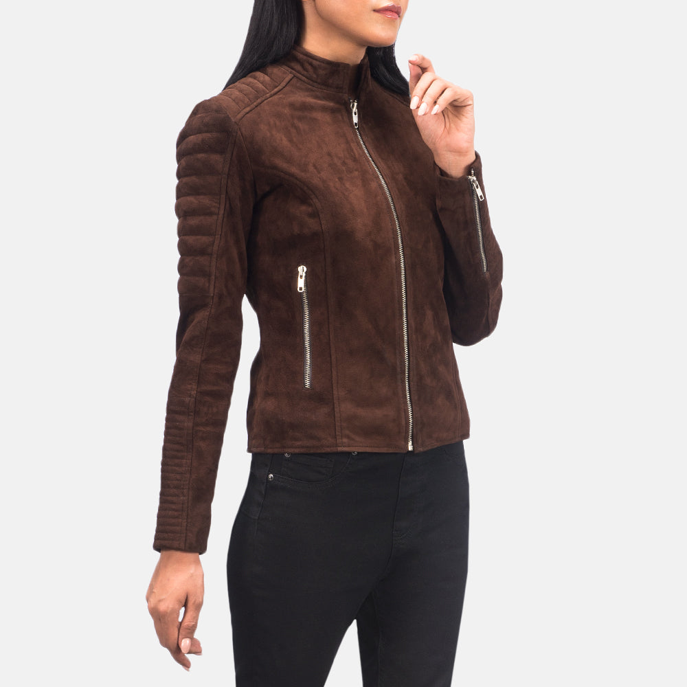 Women's Adalyn Quilted Mocha Suede Biker Jacket - Lateral Side Profile View Showing Sleeve Cut &amp; Athletic Taper Fit