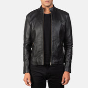 Men's Adornica Black Leather Biker Jacket in Black Sheepskin Leather - Front Profile View &amp; Tailored Silhouette | Buy Online