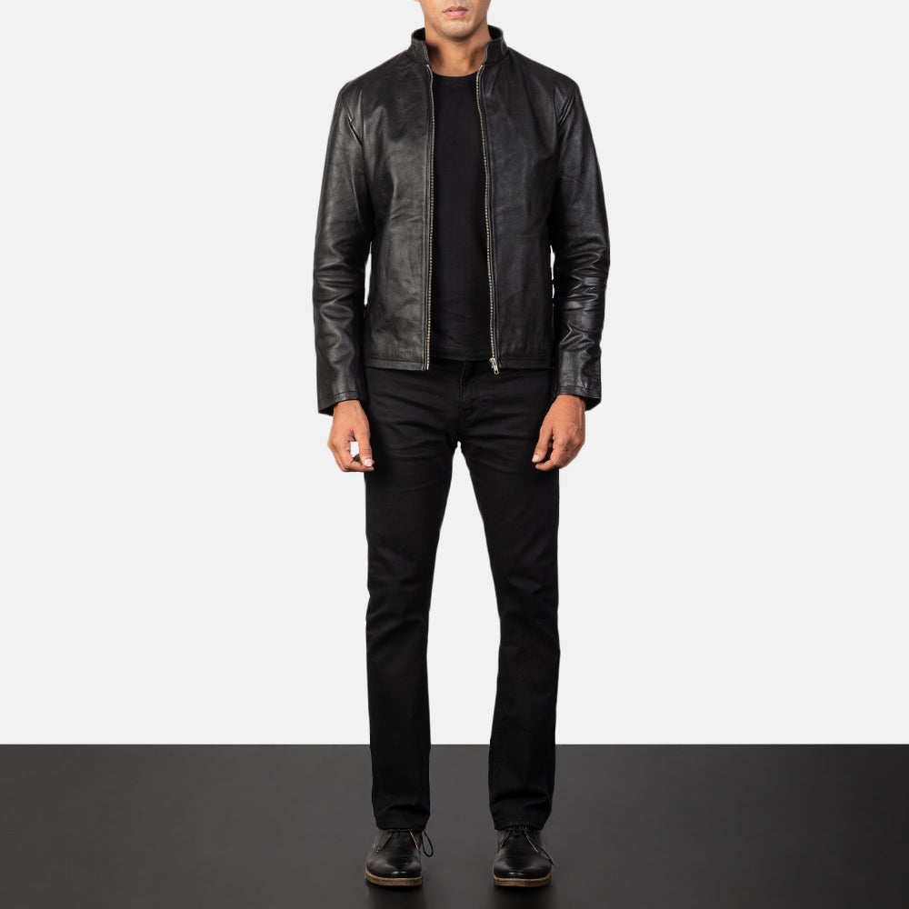 Close-Up Detail of Band &amp; Zipper Hardware on Men's Alex Black Leather Biker Jacket