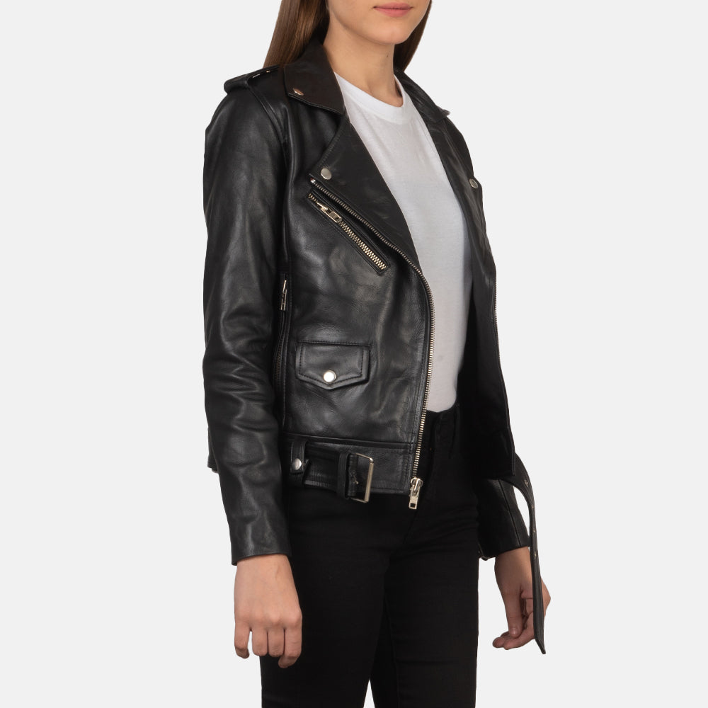 Black Cowhide Leather Biker Jacket - Back View Showing Tailored Shoulder Fit &amp; Clean Hemline