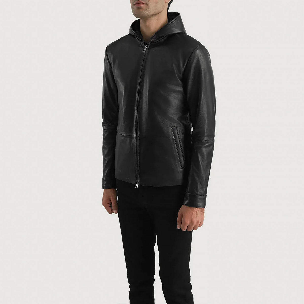 
Matte Black Sheepskin Leather Hooded Jacket - Back View Showing Tailored Shoulder Fit & Clean Hemline