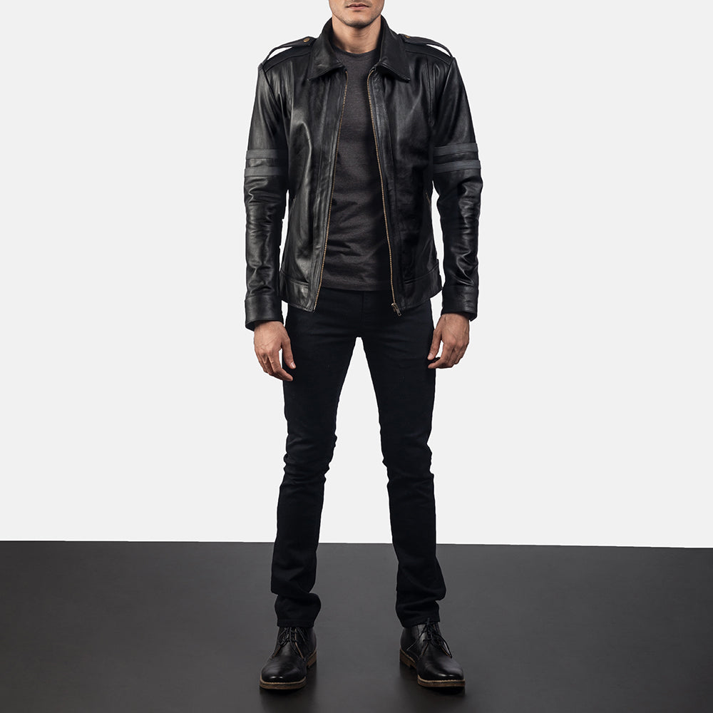Armstrong Black Leather Biker Jacket - Lateral Side Profile View Showing Sleeve Cut &amp; Athletic Taper Fit