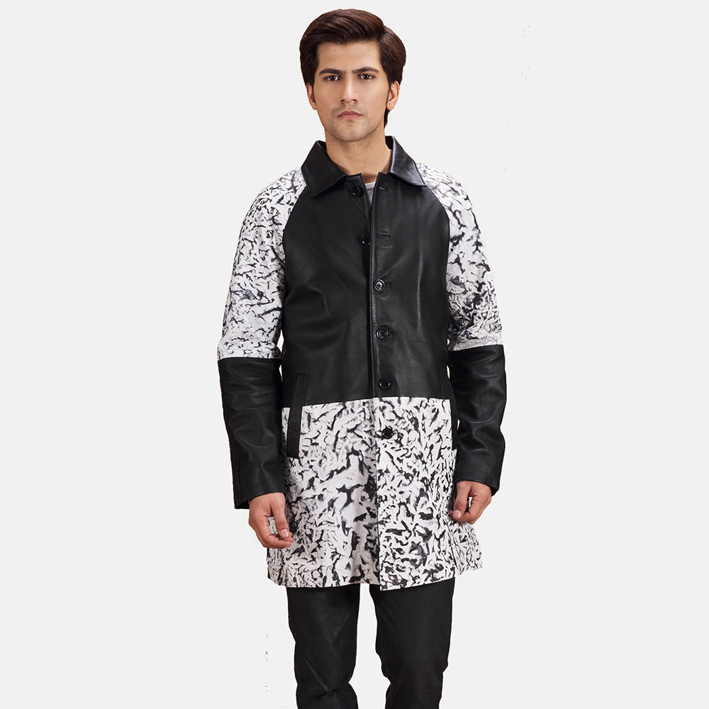 
Men's Artistry Black Dye Leather Coat in Black & White Sheepskin Dip &Amp; Dye - Front Profile View & Tailored Silhouette | Buy Online