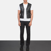 
Men's Brandon Black Leather Vest - Lateral Side Profile View Showing Sleeve Cut & Athletic Taper Fit