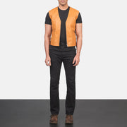 
Men's Brandon Tan Brown Leather Vest - Lateral Side Profile View Showing Sleeve Cut & Athletic Taper Fit