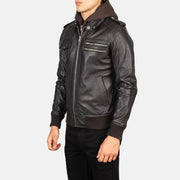 
Styled Fit Perspective of Men's Bravado Black Hooded Leather Bomber Jacket on Model - Natural Daylight Drape
