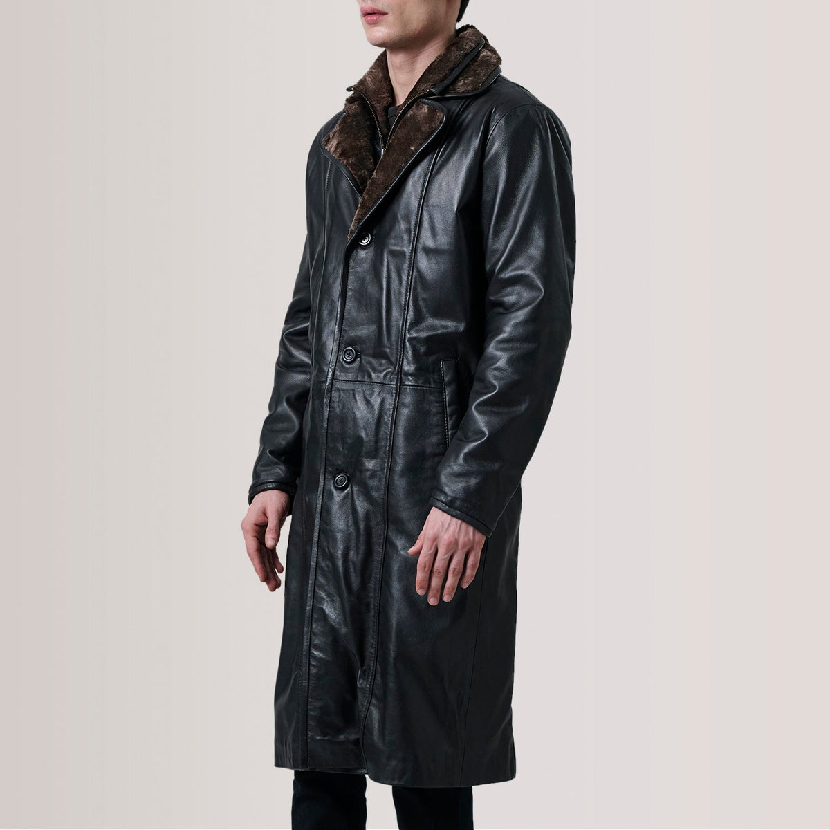 Cai Black Leather Shearling Coat For Men - Lateral Side Profile View Showing Sleeve Cut & Athletic Taper Fit