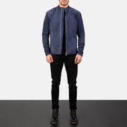 Men's Charcoal Navy Blue Suede Biker Jacket - Lateral Side Profile View Showing Sleeve Cut &amp; Athletic Taper Fit
