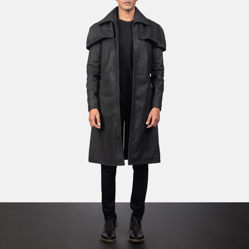 Men's Classic Distressed Black Leather Duster in Distressed Black Sheepskin Snuffed - Front Profile View &amp; Tailored Silhouette | Buy Online