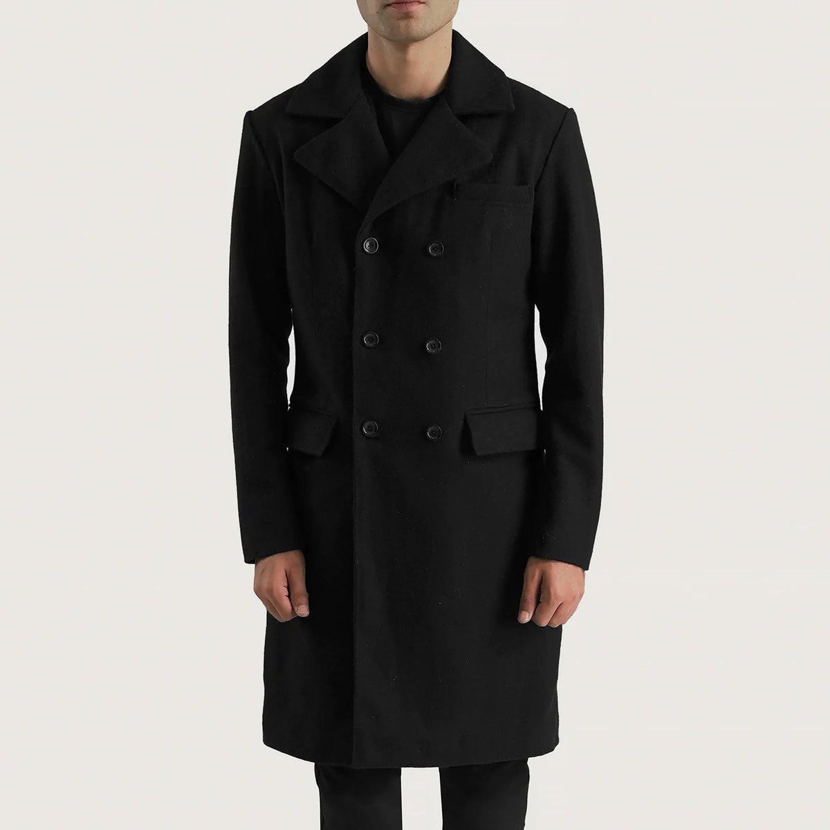 
Men's Claud Black Wool Double Breasted Coat in Black Synthetic Wool - Front Profile View & Tailored Silhouette | Buy Online