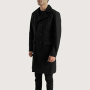
Black Synthetic Wool Trench Coat - Back View Showing Tailored Shoulder Fit & Clean Hemline