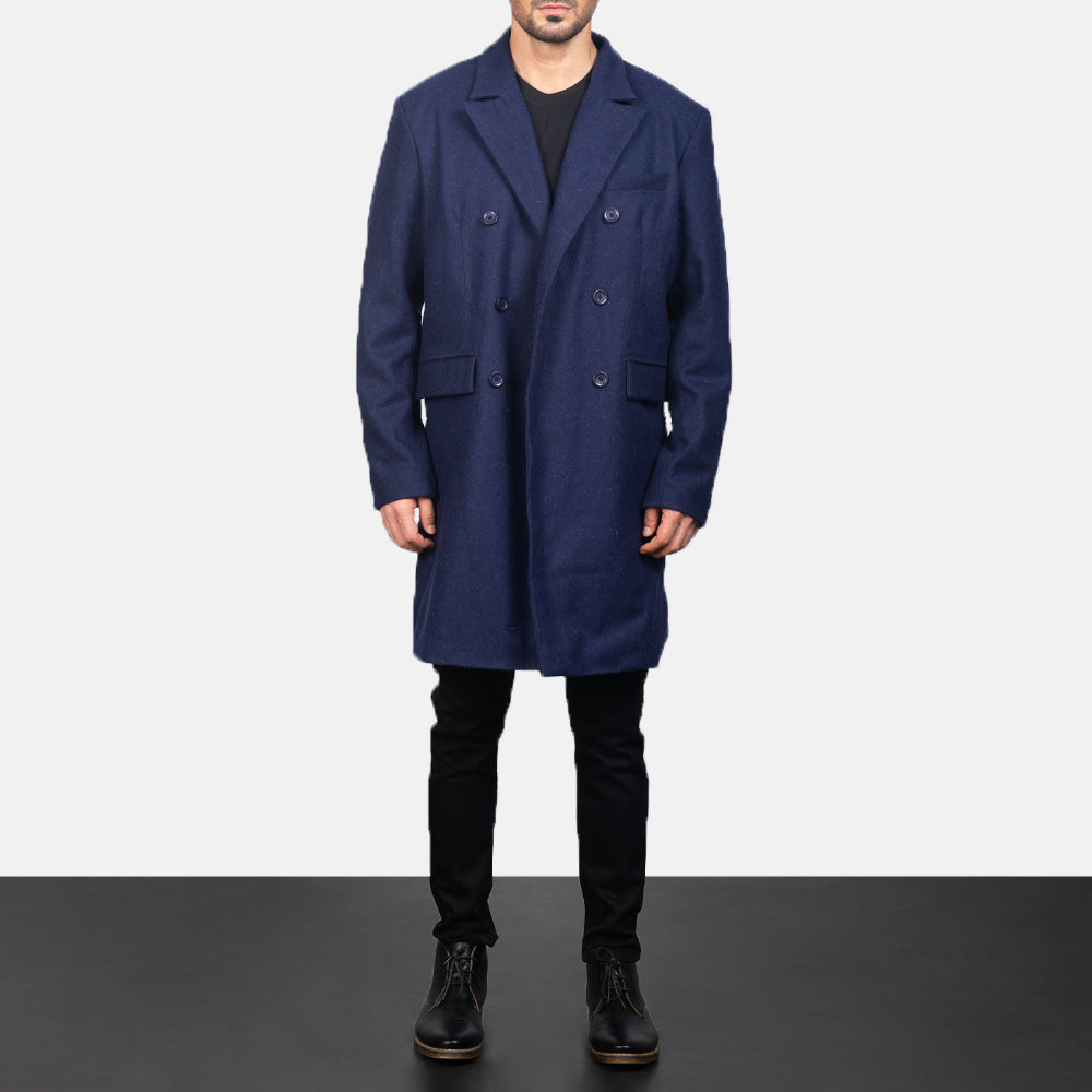 
Men's Blue Wool Double Breasted Coat in Navy Blue Synthetic Wool - Front Profile View & Tailored Silhouette | Buy Online
