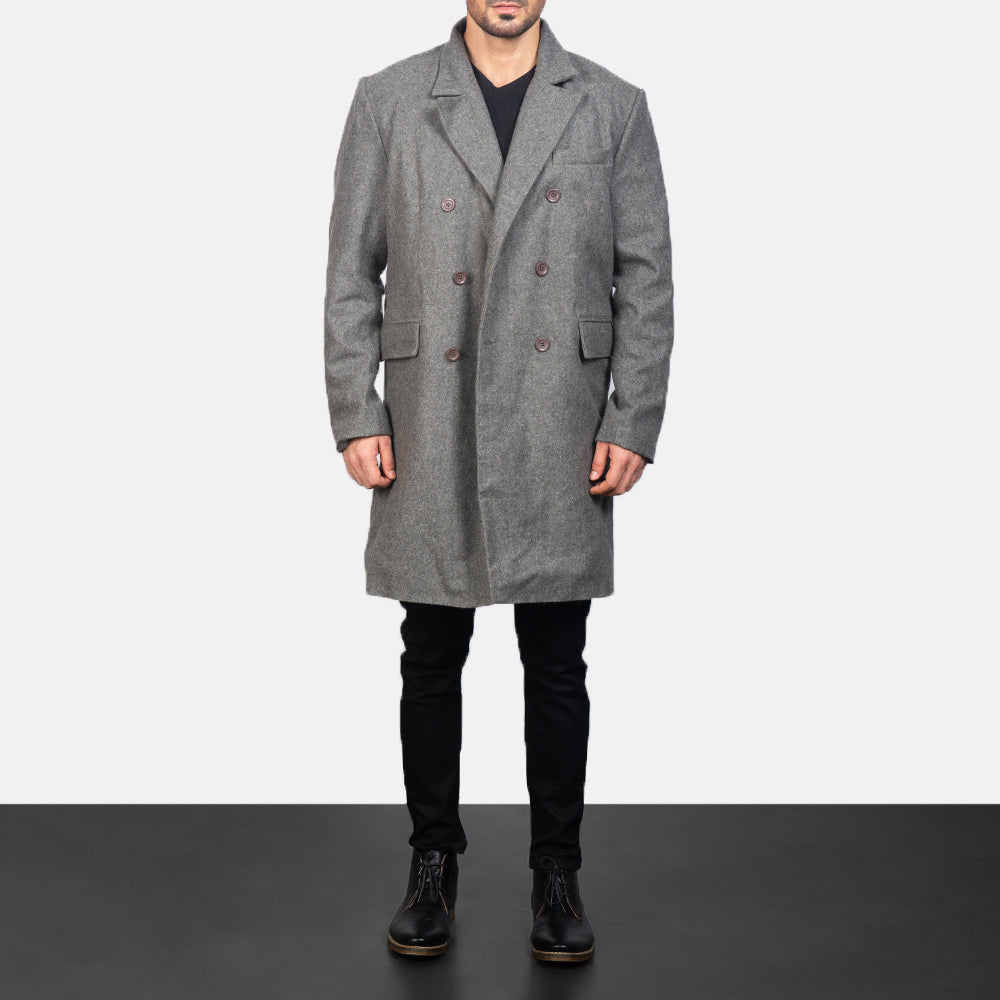 
Men's Claud Grey Wool Double Breasted Coat - Lateral Side Profile View Showing Sleeve Cut & Athletic Taper Fit