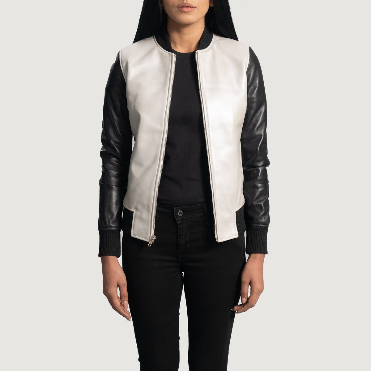 
Women's Cole Silver Leather Bomber Jacket - Lateral Side Profile View Showing Sleeve Cut & Athletic Taper Fit