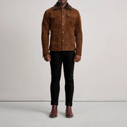 
Dallis Brown Suede Shearling Trucker Jacket - Lateral Side Profile View Showing Sleeve Cut & Athletic Taper Fit