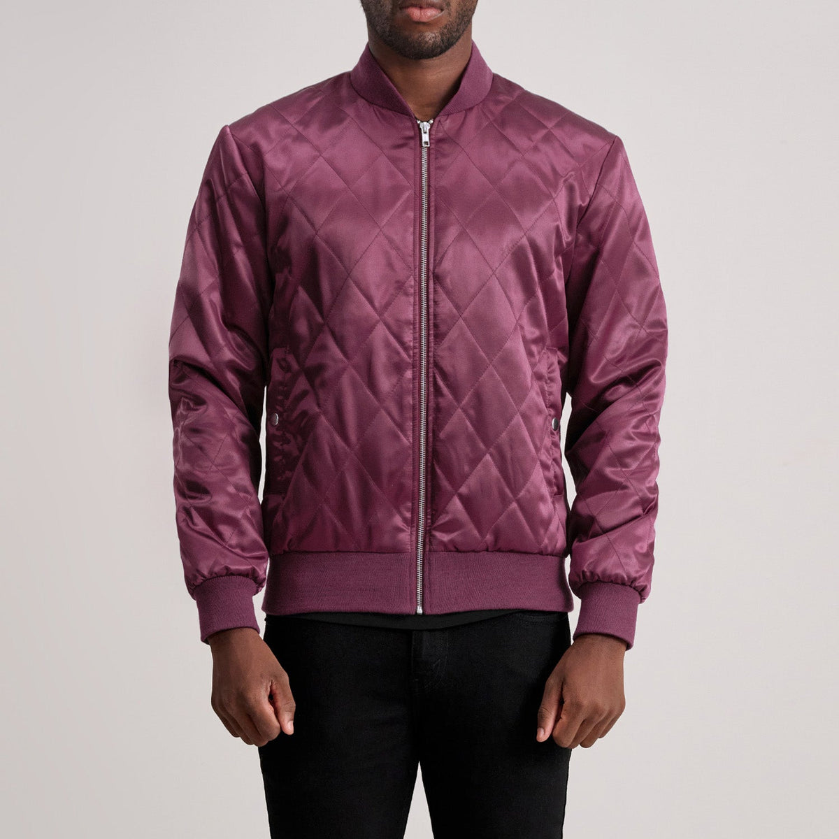Danson Quilted Maroon Varsity Jacket in Maroon Satin - Front Profile View &amp; Tailored Silhouette | Buy Online