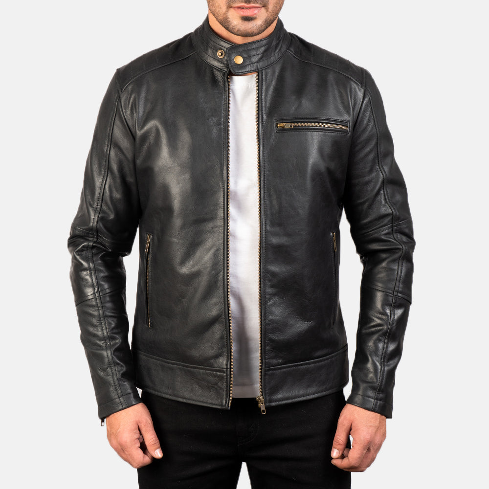 Men's Dean Black Leather Biker Jacket in Black Cow Hide Leather - Front Profile View & Tailored Silhouette | Buy Online