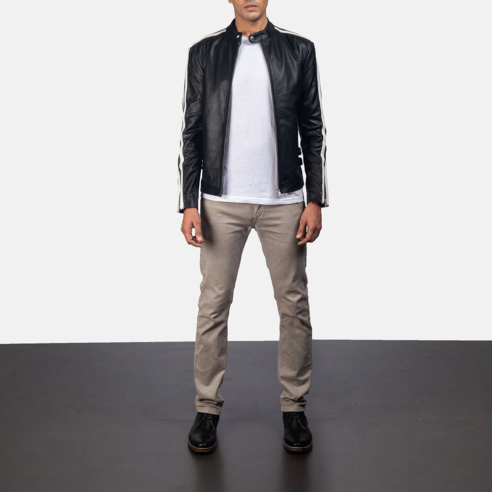 Hank Black Leather Biker Jacket - Lateral Side Profile View Showing Sleeve Cut &amp; Athletic Taper Fit
