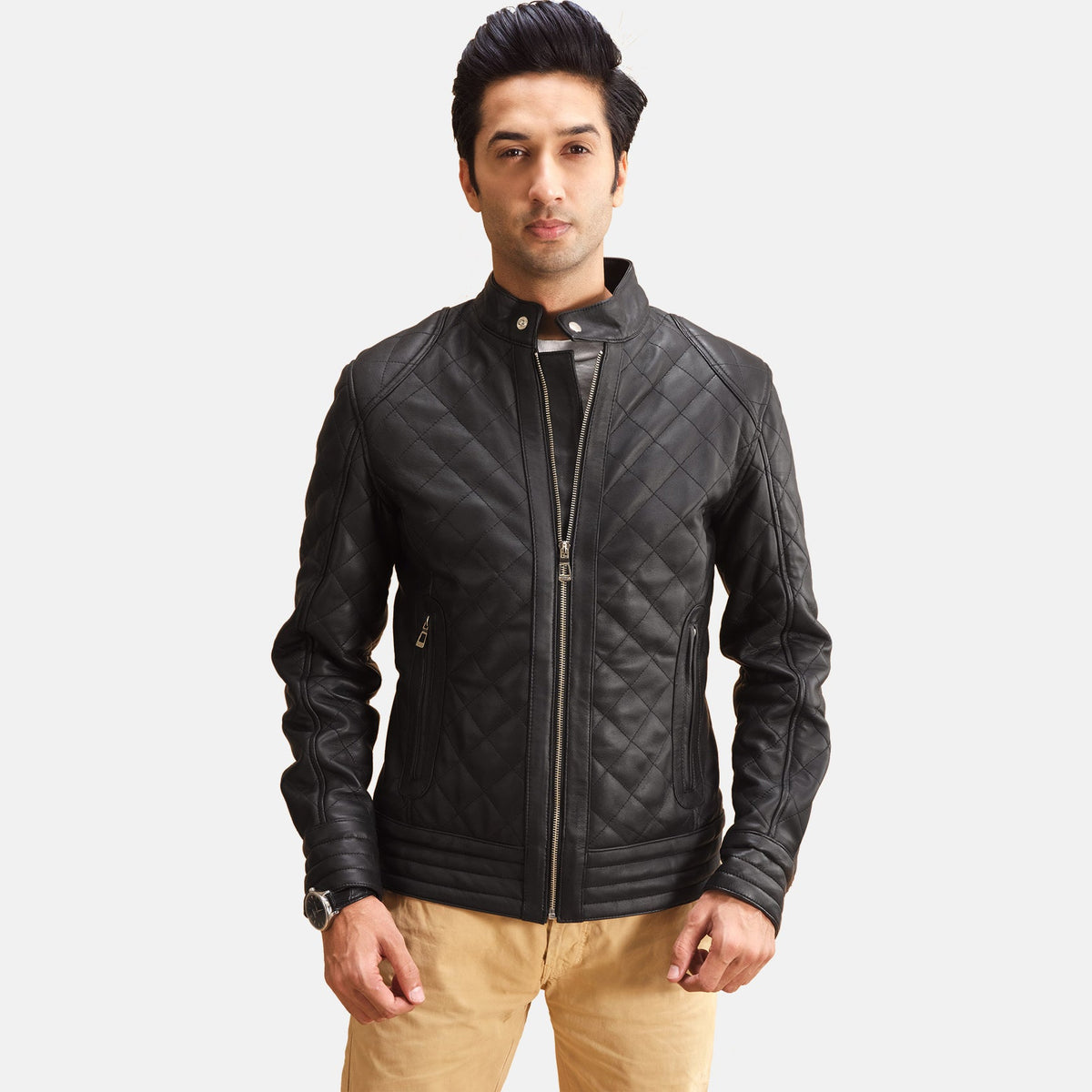 
Henry Quilted Black Leather Jacket in Black Sheepskin Leather - Front Profile View & Tailored Silhouette | Buy Online