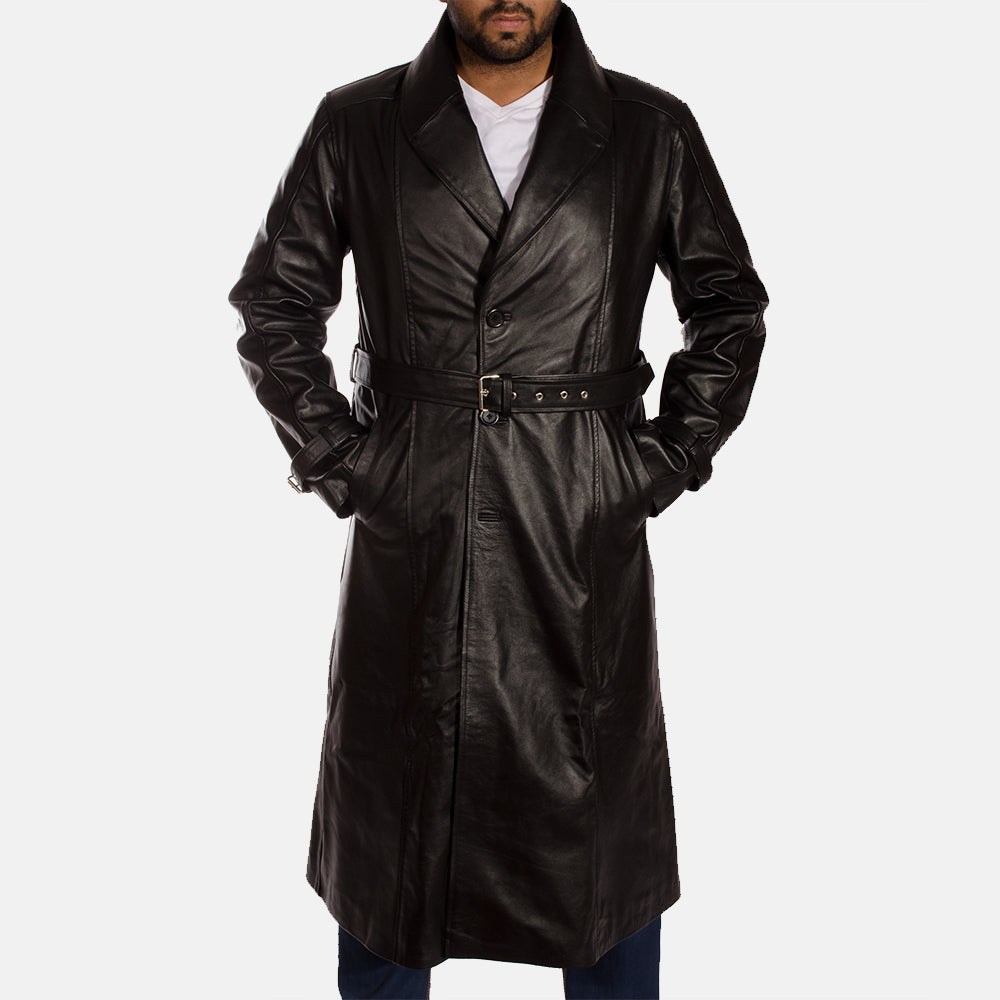 
Black Cowhide Leather Trench Coat - Back View Showing Tailored Shoulder Fit & Clean Hemline