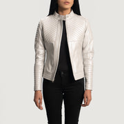 
Women's Ice Maiden Silver Quilted Leather Biker Jacket - Lateral Side Profile View Showing Sleeve Cut & Athletic Taper Fit