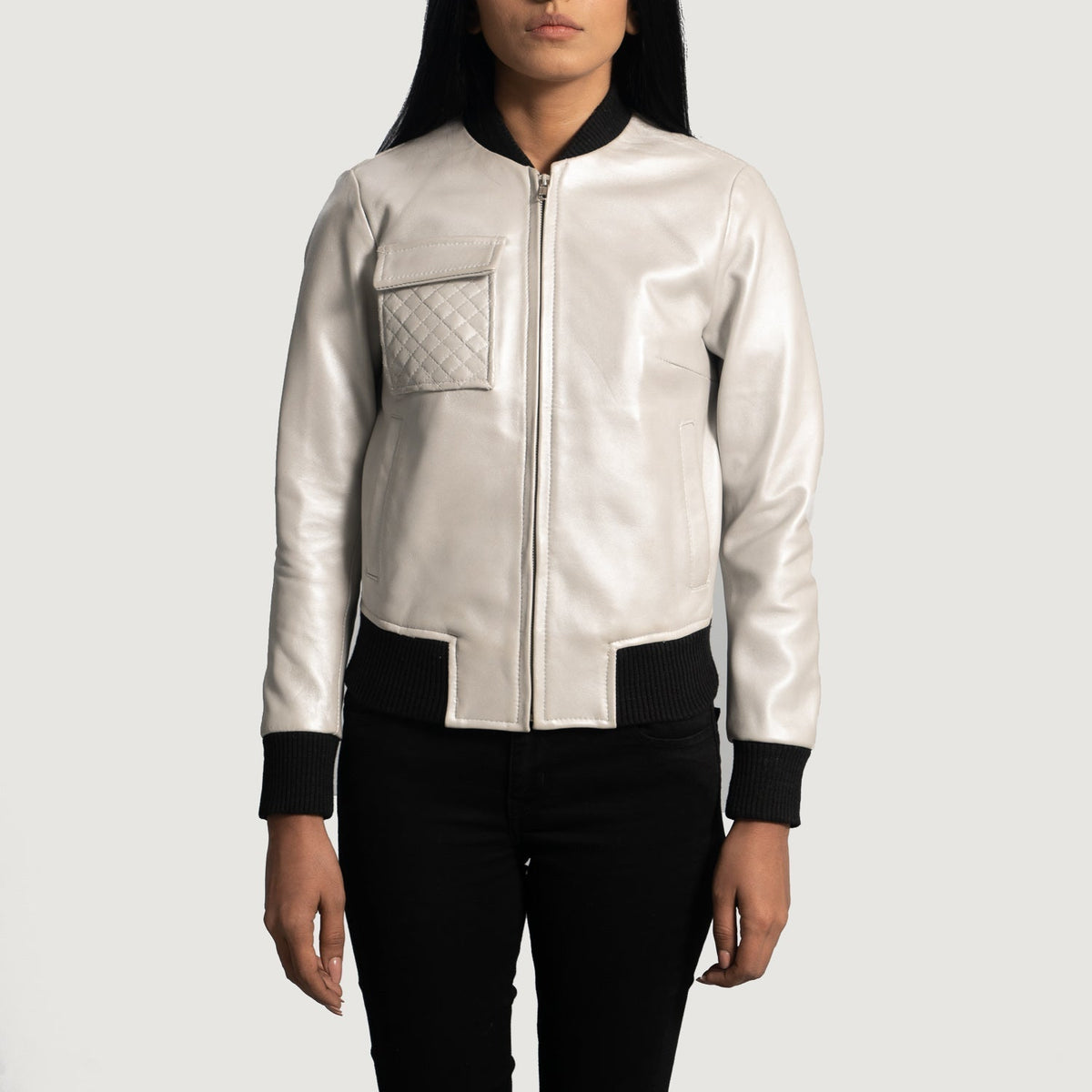 Silver Sheepskin Leather Bomber Jacket - Back View Showing Tailored Shoulder Fit &amp; Clean Hemline