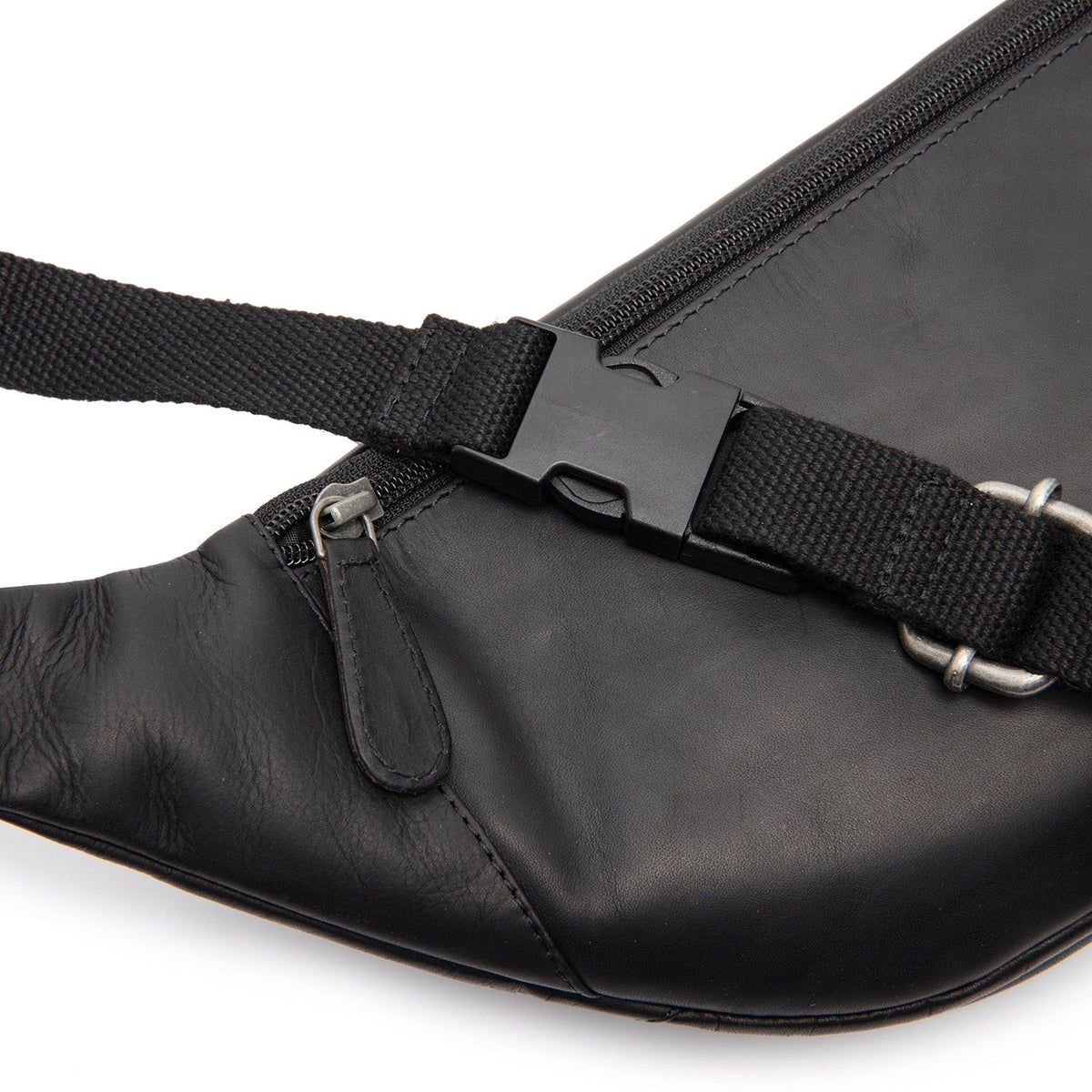 Solid Antique Brass Hardware & Heavy-Duty Dual Zipper Detail on Vernio Full-Grain Leather Belt Bag
