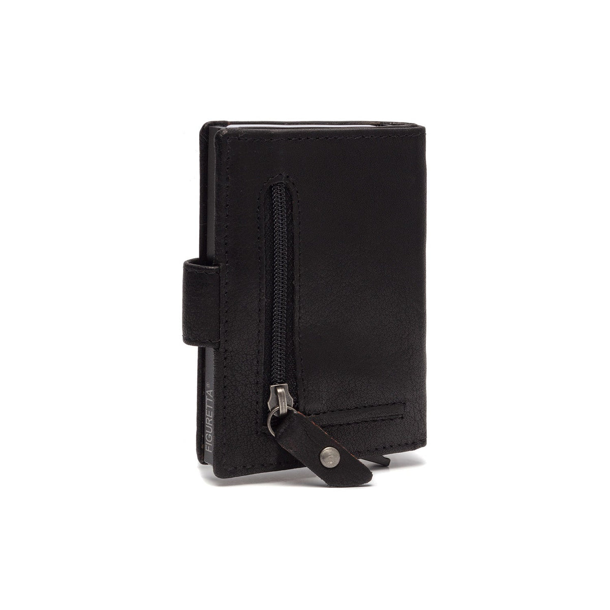 
Solid Antique Brass Hardware & Heavy-Duty Dual Zipper Detail on Prague Full-Grain Leather Card Holder