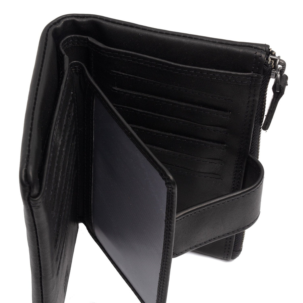 
Solid Antique Brass Hardware & Heavy-Duty Dual Zipper Detail on Landau Full-Grain Leather Wallet