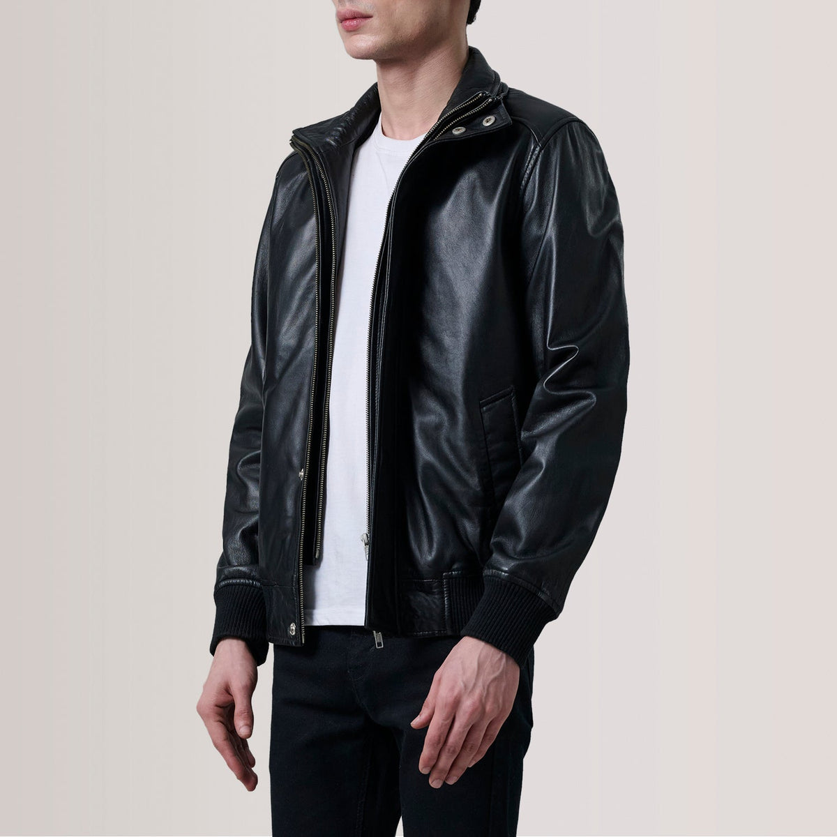 Lester Brown Suede Bomber Jacket For Men - Lateral Side Profile View Showing Sleeve Cut &amp; Athletic Taper Fit