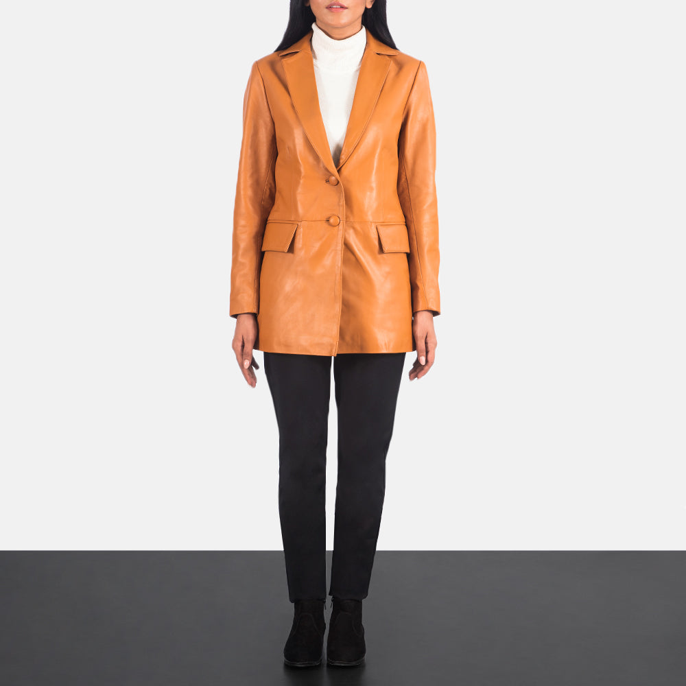 
Women's Marilyn Tan Brown Leather Blazer - Lateral Side Profile View Showing Sleeve Cut & Athletic Taper Fit