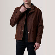 Marlo Brown Canvas Hooded Work Jacket For Men in Brown Waxed Cotton Canvas - Front Profile View &amp; Tailored Silhouette | Buy Online