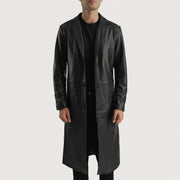
Mateo Black Leather Single Breasted Coat in Black Cowhide Leather - Front Profile View & Tailored Silhouette | Buy Online