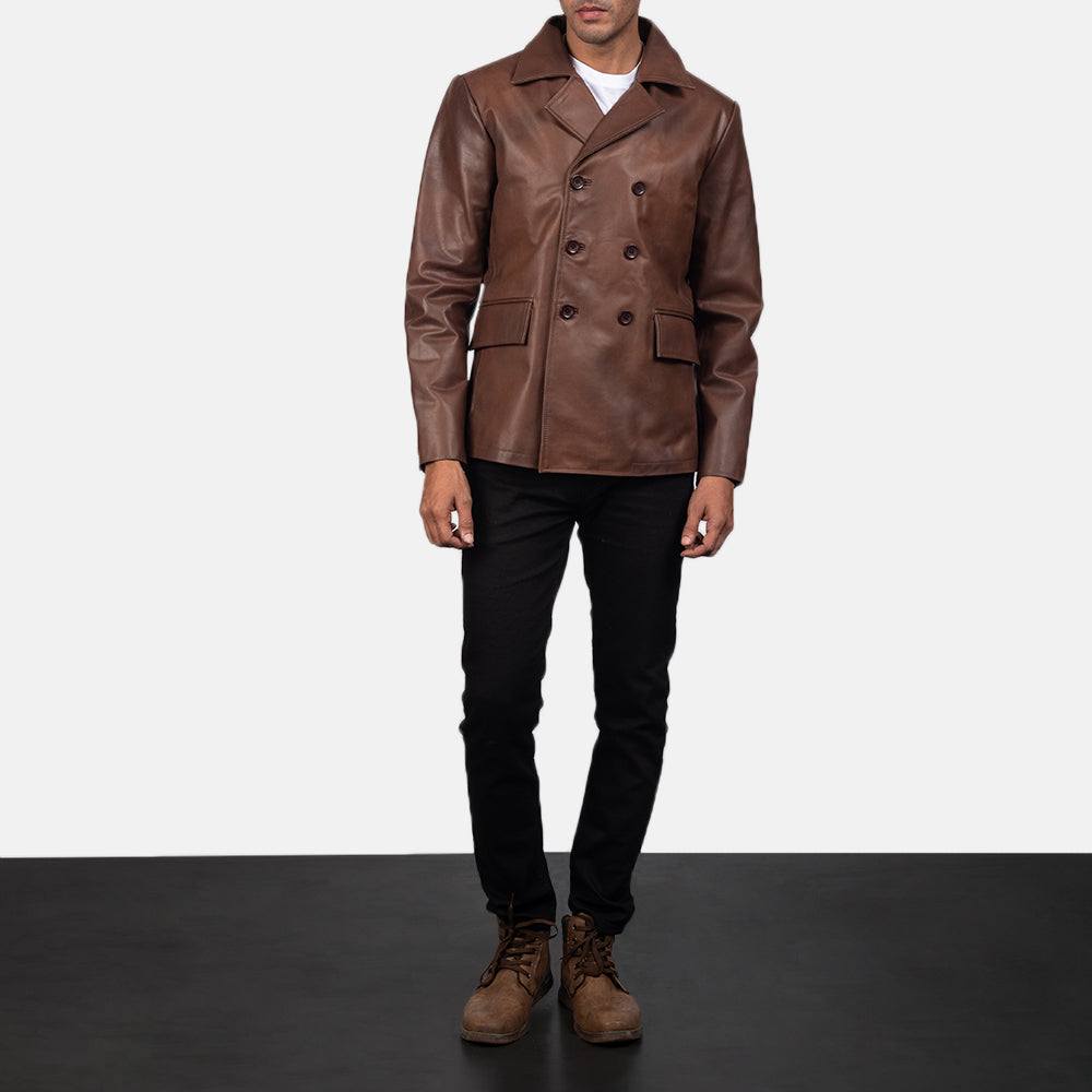 
Mr. Bailey Brown Leather Naval Peacoat - Lateral Side Profile View Showing Sleeve Cut & Athletic Taper Fit