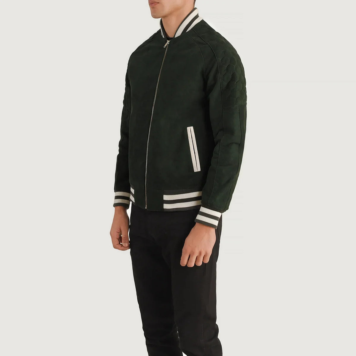 
Green Goatskin Suede Varsity Jacket - Back View Showing Tailored Shoulder Fit & Clean Hemline