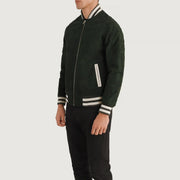 
Green Goatskin Suede Varsity Jacket - Back View Showing Tailored Shoulder Fit & Clean Hemline