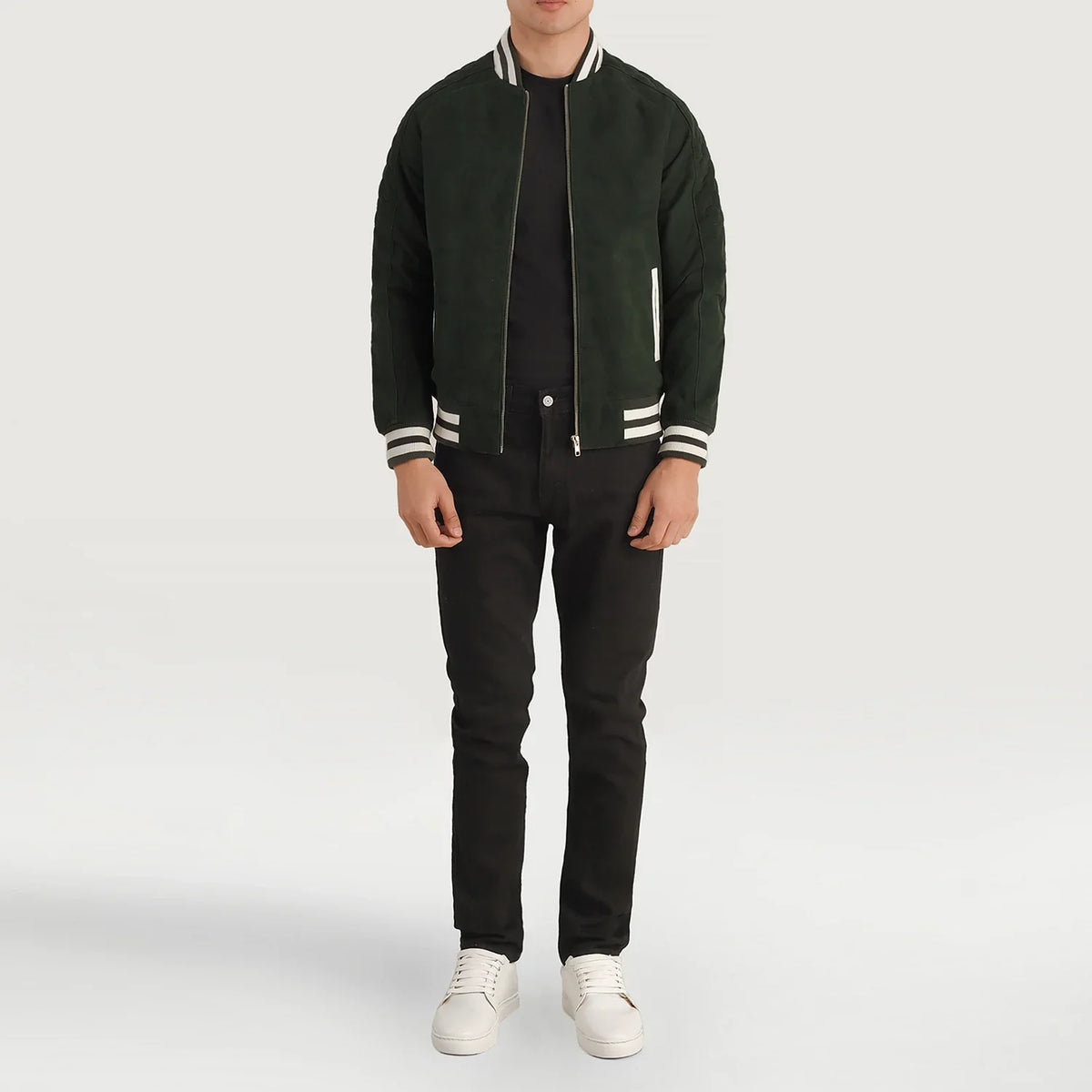 
Pascal Green Suede Varsity Jacket - Lateral Side Profile View Showing Sleeve Cut & Athletic Taper Fit