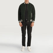 
Pascal Green Suede Varsity Jacket - Lateral Side Profile View Showing Sleeve Cut & Athletic Taper Fit
