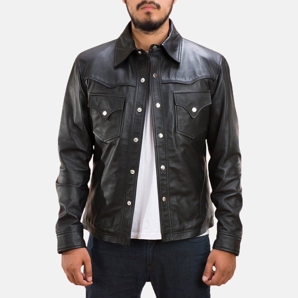 
Men's Ranchson Black Leather Shirt in Black Sheepskin Leather - Front Profile View & Tailored Silhouette | Buy Online