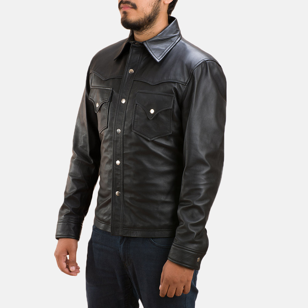 
Men's Ranchson Black Leather Shirt - Lateral Side Profile View Showing Sleeve Cut & Athletic Taper Fit