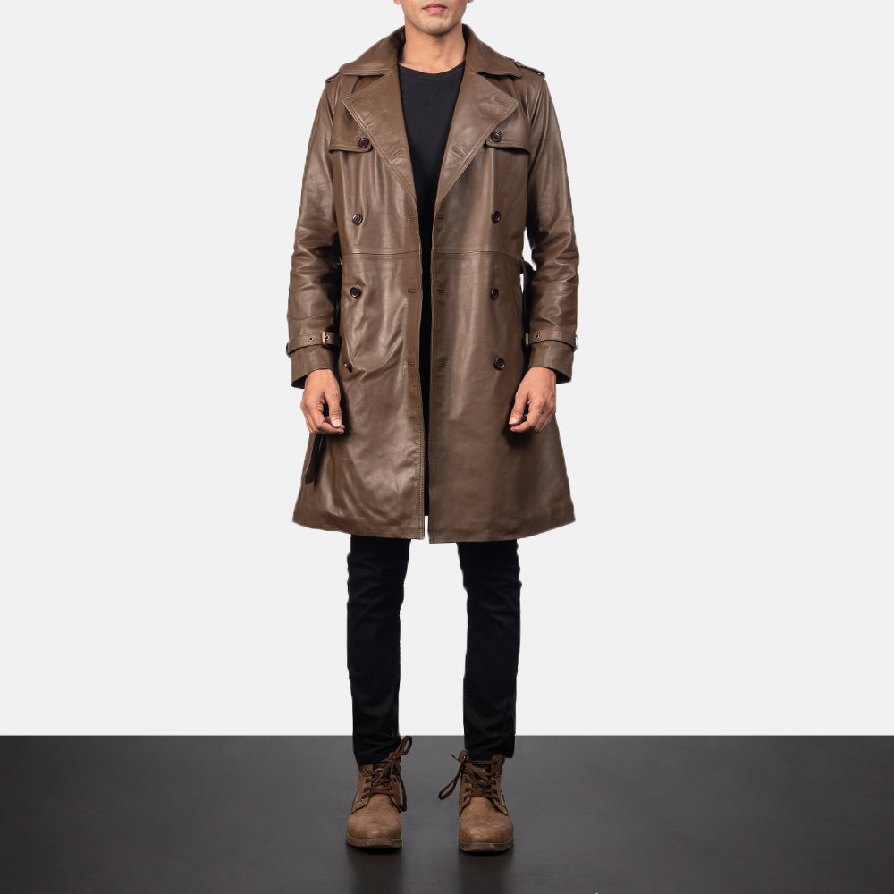 
Close-Up Detail of Shirt & Heavy-Duty Zipper Hardware on Men's Royson Brown Leather Duster Coat
