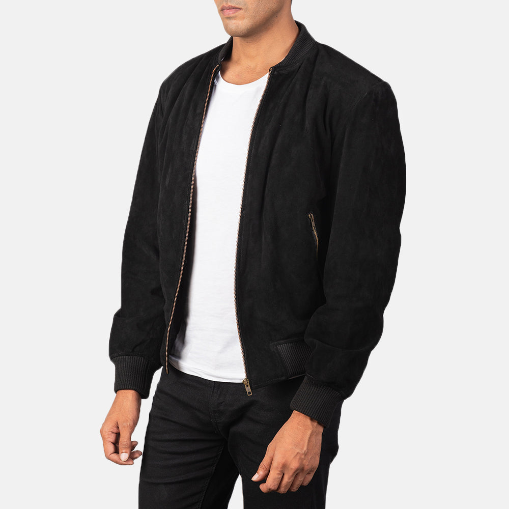 
Black Goatskin Suede Bomber Jacket - Back View Showing Tailored Shoulder Fit & Clean Hemline