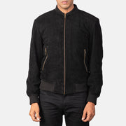 
Close-Up Detail of Varsity & Zipper Hardware on Men's Shane Black Suede Bomber Jacket