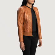 Tan Brown Sheepskin Leather Biker Jacket - Back View Showing Tailored Shoulder Fit &amp; Clean Hemline