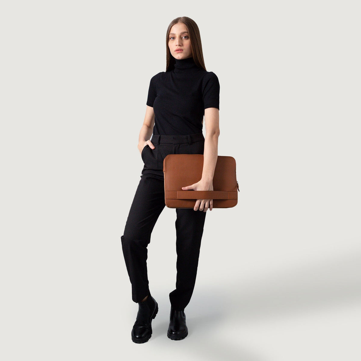 
Brown Full-Grain leather Goods - Back View Showing Tailored Shoulder Fit & Clean Hemline