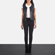 
Women's Vanda Black Leather Biker Vest - Lateral Side Profile View Showing Sleeve Cut & Athletic Taper Fit